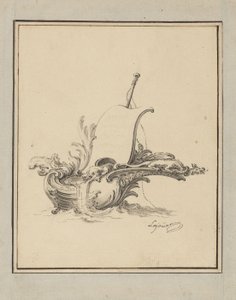 Ontwerp voor een wapenschild in de vorm van een boot met zeil, voor Recueil Nouveau de Differens Cartouches door Jacques de Lajoüe